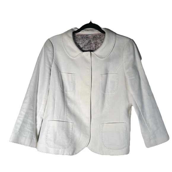 Boden Linen Cotton Lady Jacket Blazer  Winter White Peter Pan Collar Sz 10 - Picture 1 of 16